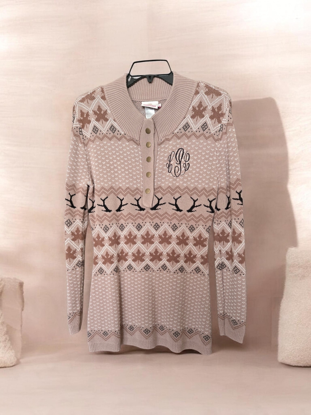 Marleylilly Monogrammed Fair Isle Henley Sweater Beige Leaf Deer Fall Cozy SizeM